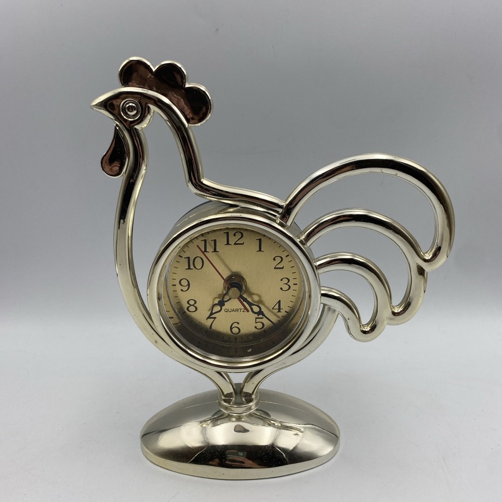 Vintage Interpur Quartz Clock Silver Rooster Chicken Taiwan ROC Working 9"